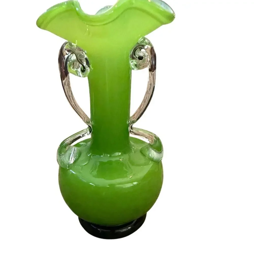 Vintage Blown Glass Double Applied Handle Vase Green Fluted Ruffled Rim